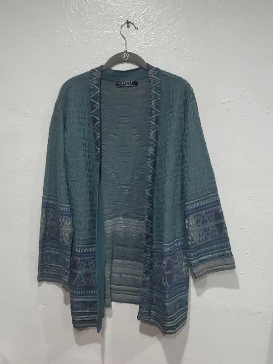 Peruvian Connection Boho Teal Kimono Cardigan with Aztec Pattern Size L - Picture 2 of 15
